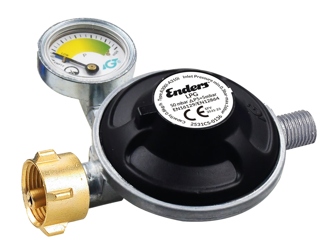 Gasdruckregler 50mbar mit Manometer & Schlauchbruchsicherung