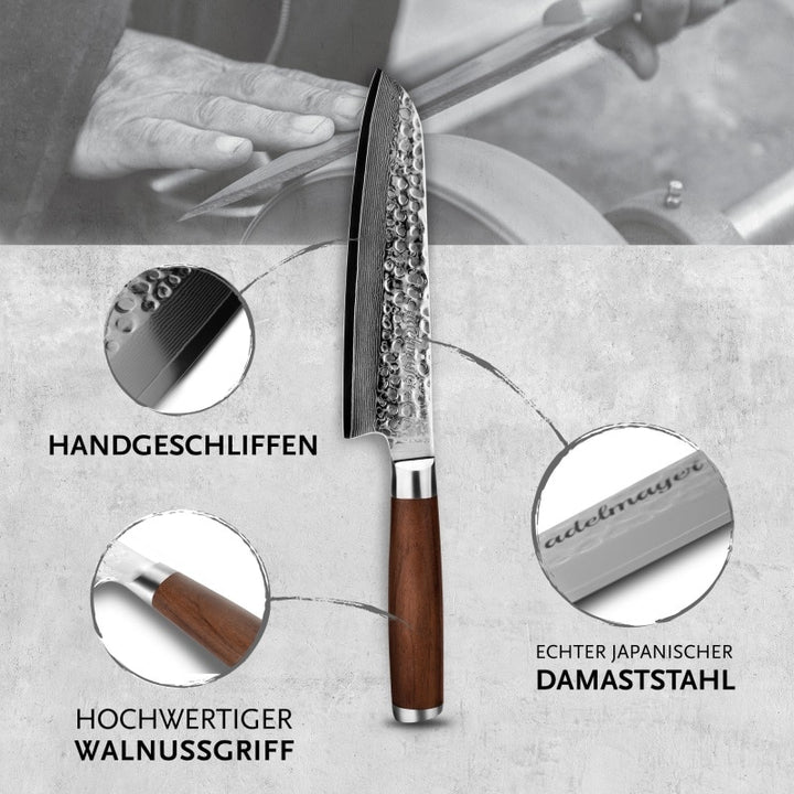 adelmayer® Damastmesser Santokumesser 17,5 cm handgeschliffen und mit Walnussgriff - Boatcamper